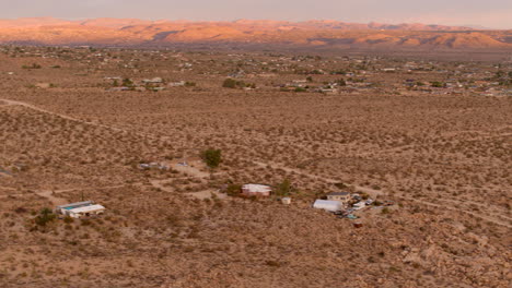 Aerial-panorama-of-desert-landscape-in-Joshua-Tree,-California-on-a-beautiful-sunny-morning