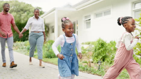 Black-family,-happy-and-children-running