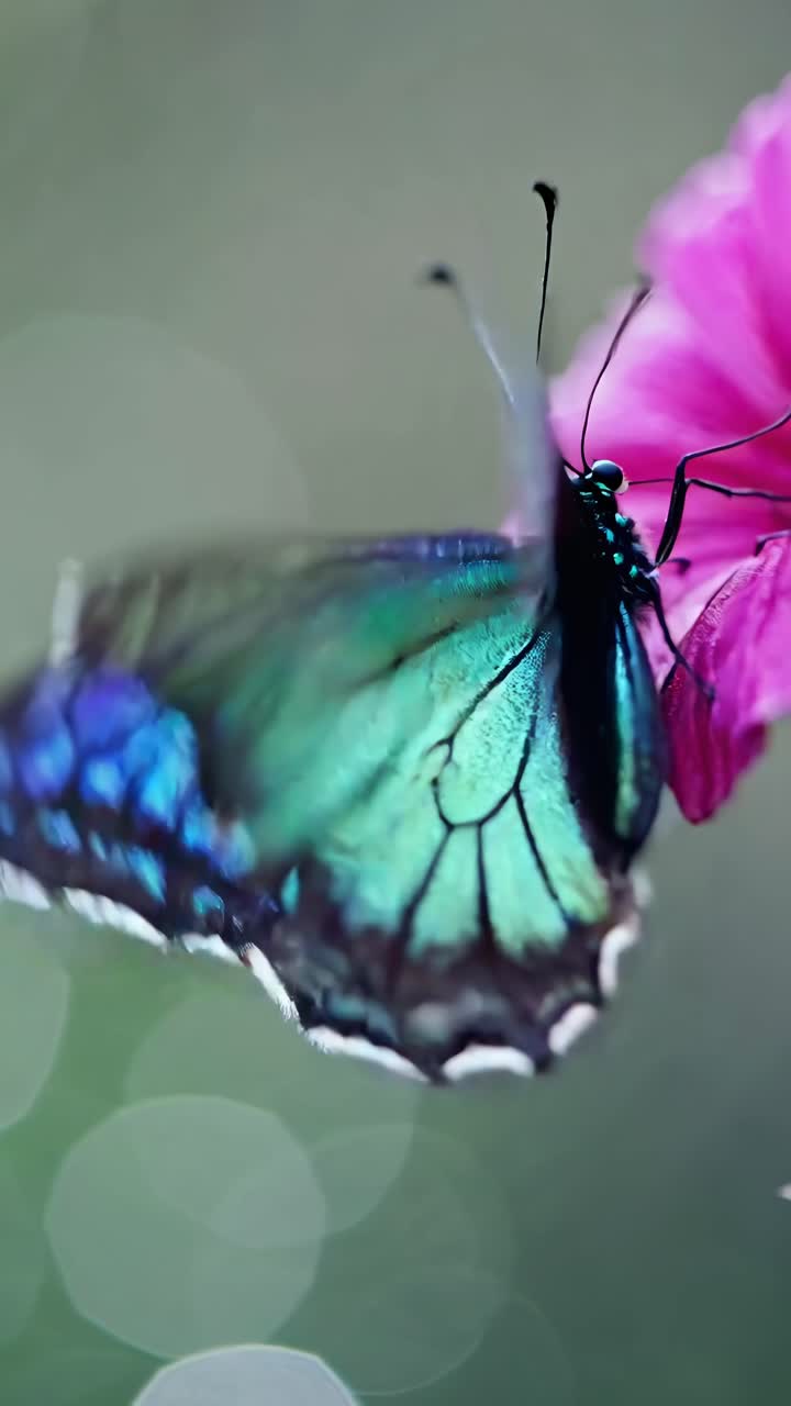 Video ravvicinato di una farfalla vivace su un fiore rosa, ripreso da un angolo laterale