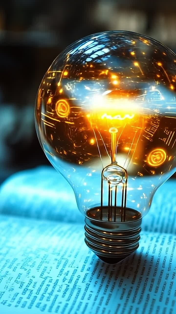 Light bulb glowing above an open book. A glowing light bulb hovers above an open book, illuminating the pages with a warm, inviting glow in a cozy setting.