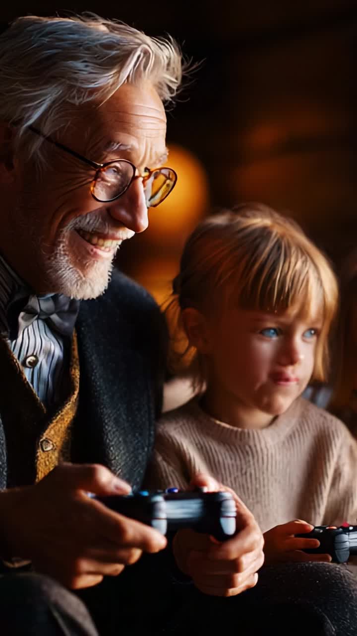 Joyful Gaming Moments: A Grandfather and Granddaughter Bonding Over Video Games, Sharing Laughter and Connection in a Warm, Cozy Environment