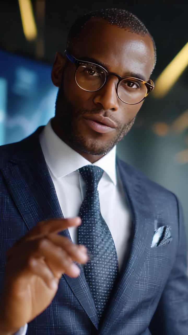 Confident Business Professional in Smart Suit with Glasses Engaged in Conversation, Captured in Dynamic Office Environment Showing Modern Aesthetic Appeal