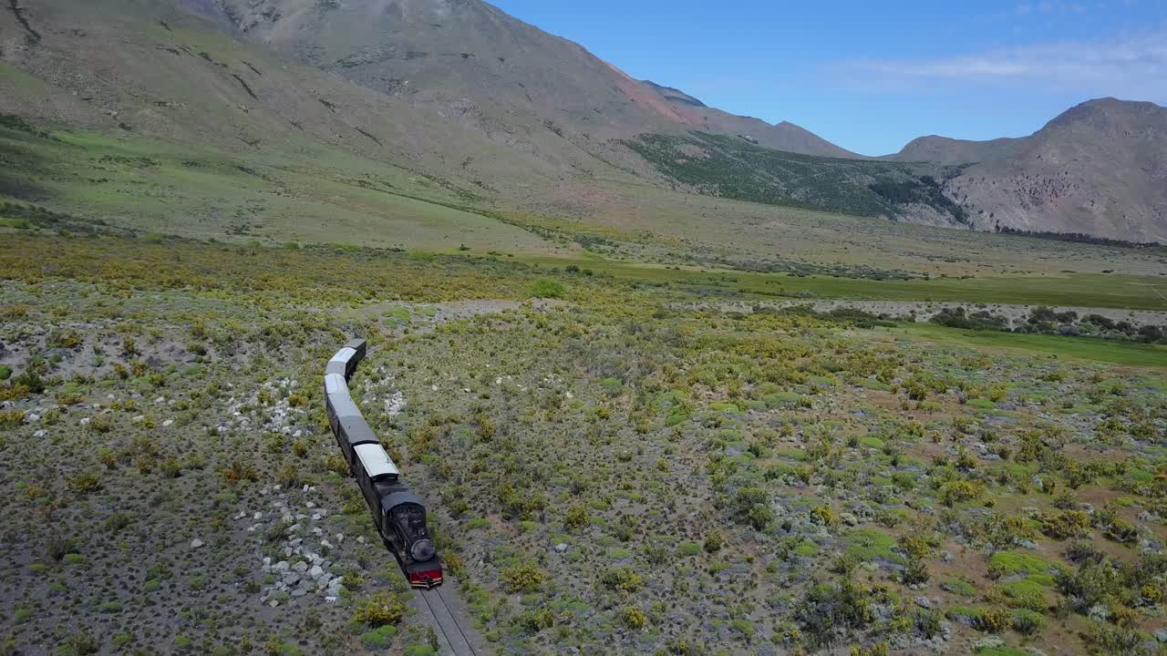 Train in Argentina Atacama area, landscape following aerial view