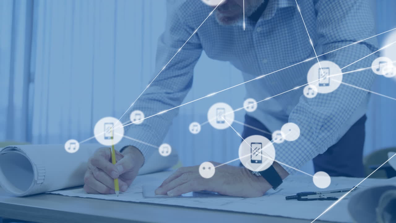 남성 백인 건축가에 대한 아이콘과의 연결 네트워크의 애니메이션