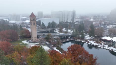 aerial view of spokane, washington's riverfront park while a light layer of rain falls from the sky