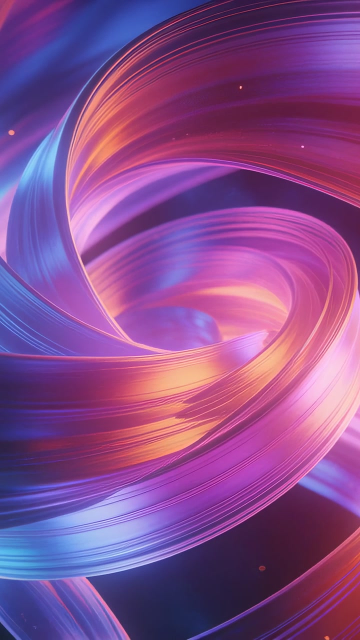 Vertical video: Frames driving ribbon rotating and coiling in studio forming glow core plus specks