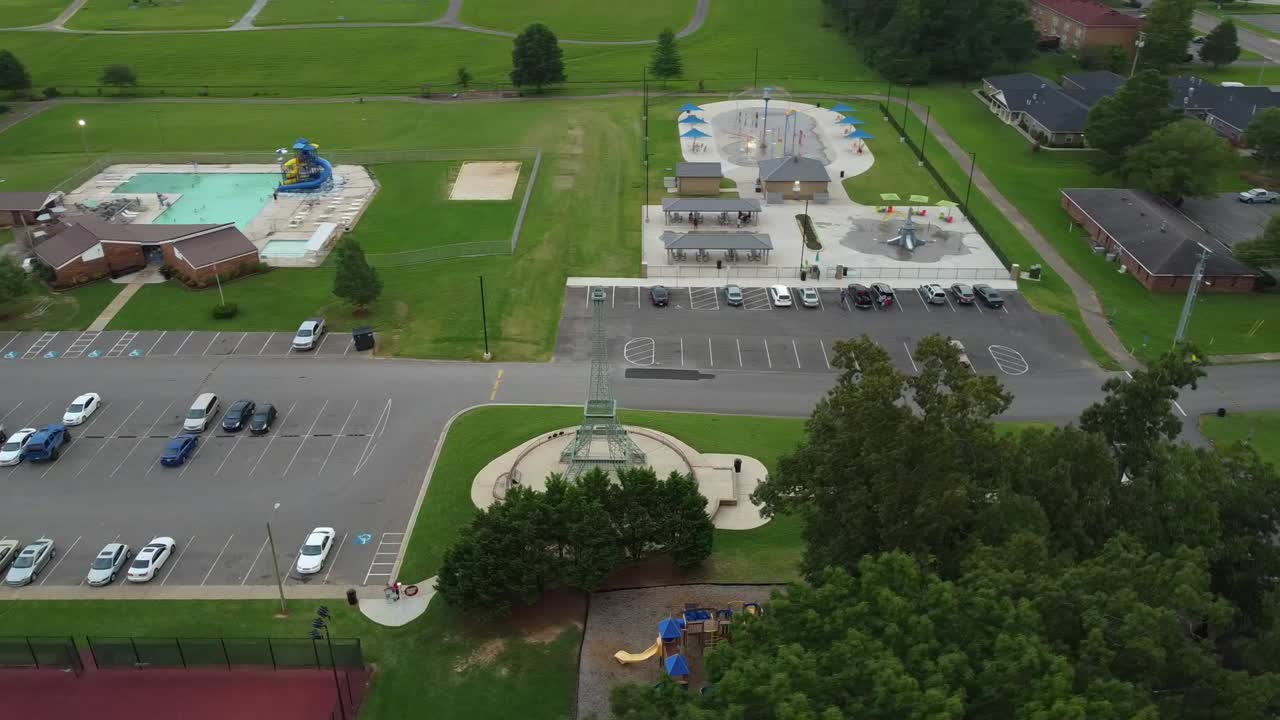 Fast aerial orbit of the Eiffel Tower replica, located in Paris Tennessee