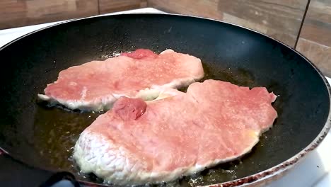 Two-pieces-of-white-meat-cooking-in-the-frying-pan-while-oil-spits-around