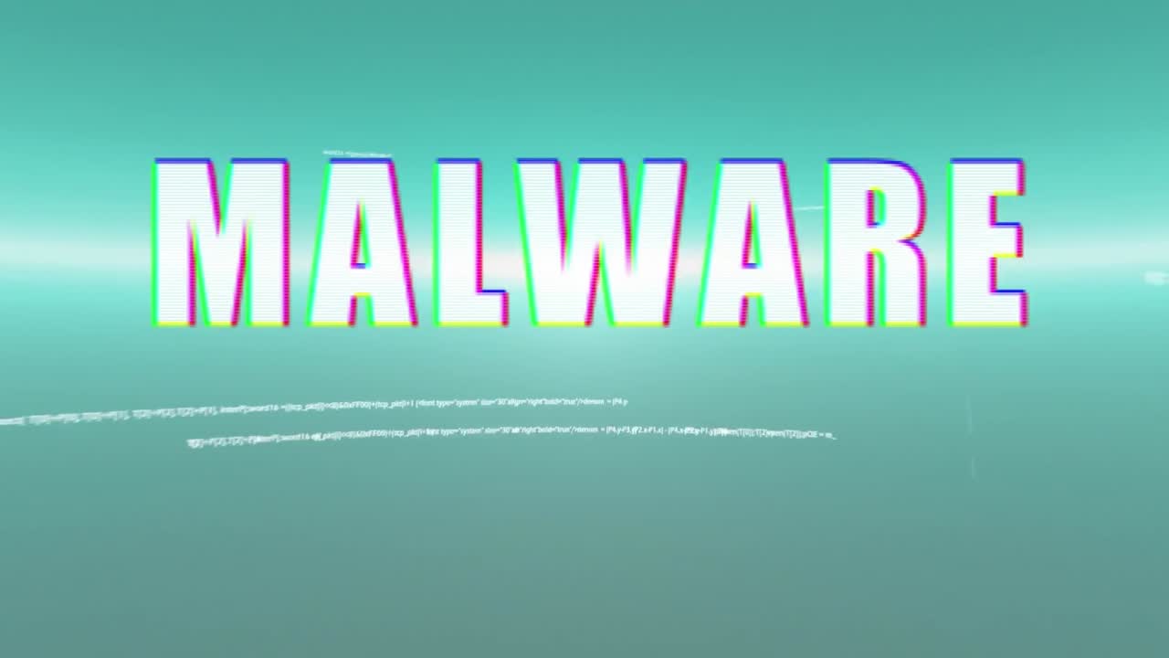 animación de texto blanco, malware, con placa de circuito y procesamiento de datos sobre interfaces, en azul