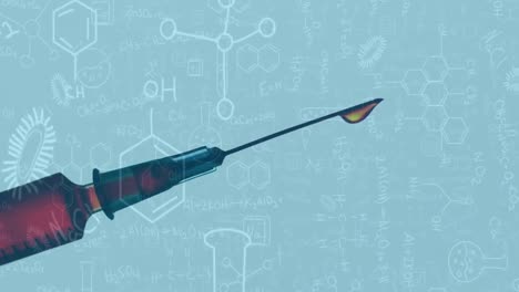 Animation-Einer-Spritze-Mit-Nadel-Und-Flüssigkeit,-Die-über-Chemiezeichnungen-Tropft