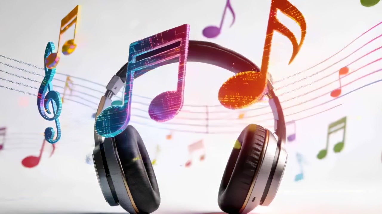 Notas musicais coloridas aparecendo e movendo-se em direção a fones de ouvido supra-auriculares em um gradiente, exibindo o produto.