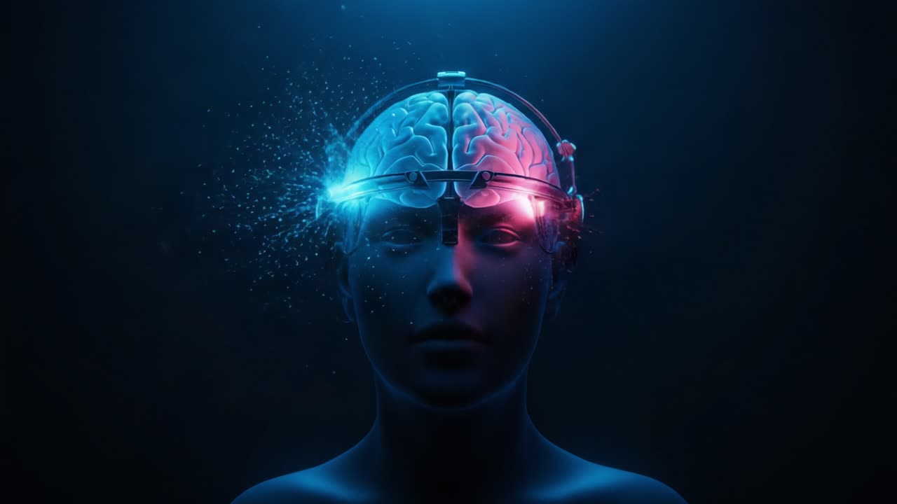A Surreal Exploration of the Mind: Two Perspectives on a Futuristic Brain Interface, Merging Technology with Human Thought in a Dark, Ethereal Space