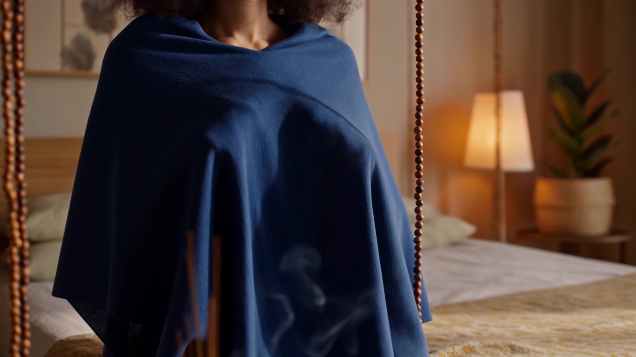 En esta secuencia inicial, un adulto permanece sentado en una cama en el centro de un dormitorio con luz tenue, envuelto en tela azul oscuro