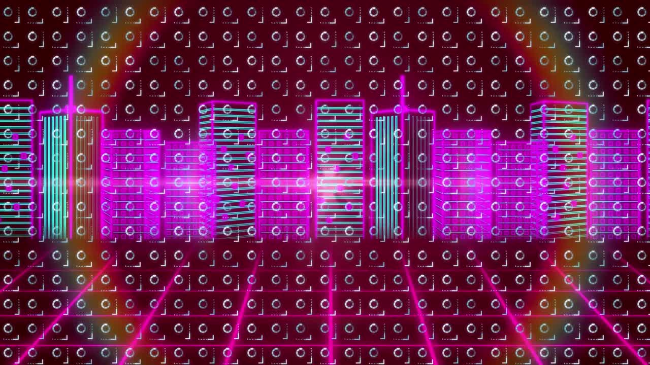 도시 풍경과 그리드 위에 회전하는 원의 행의 애니메이션