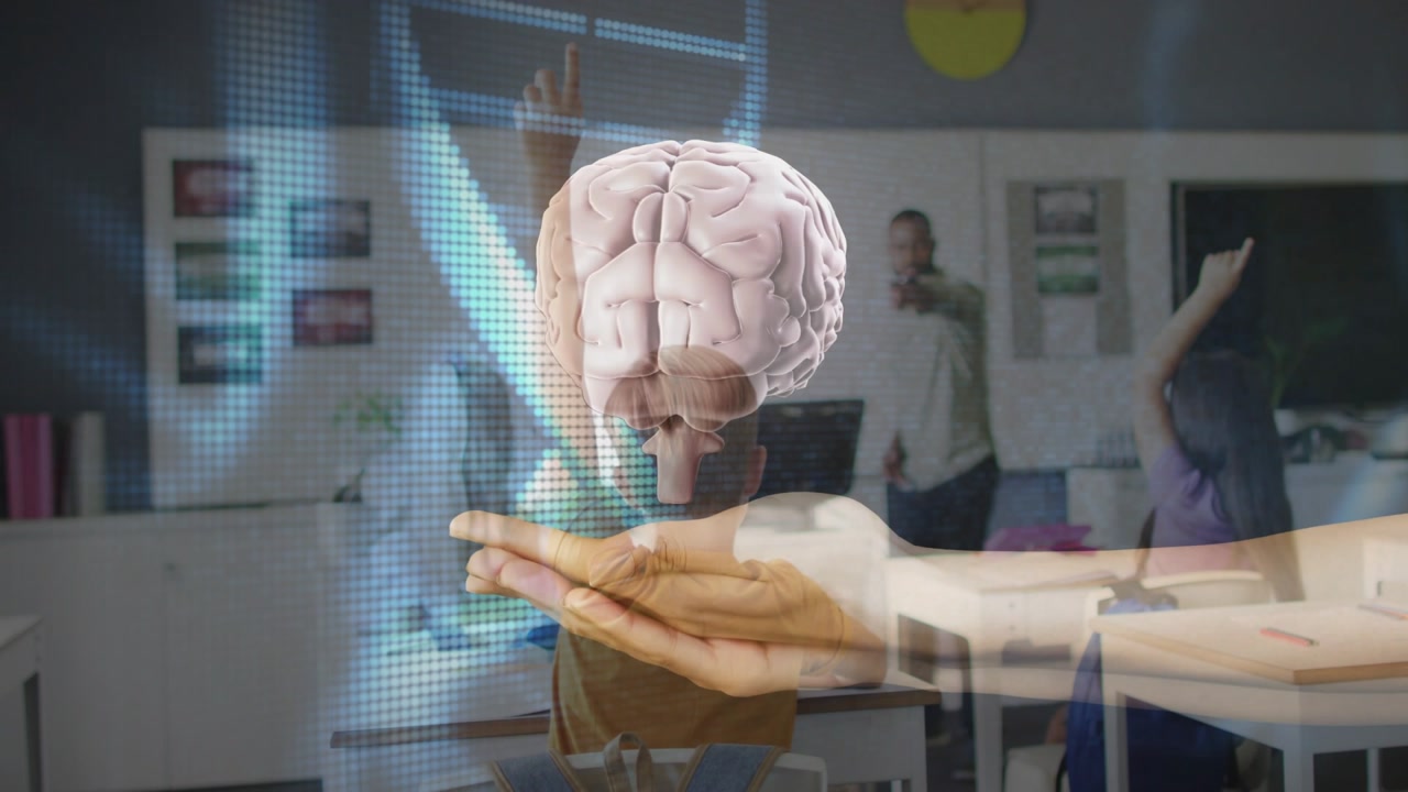 Teacher gesturing in class sparking DNA overlay, 3D brain showing above hands to teach, fading back