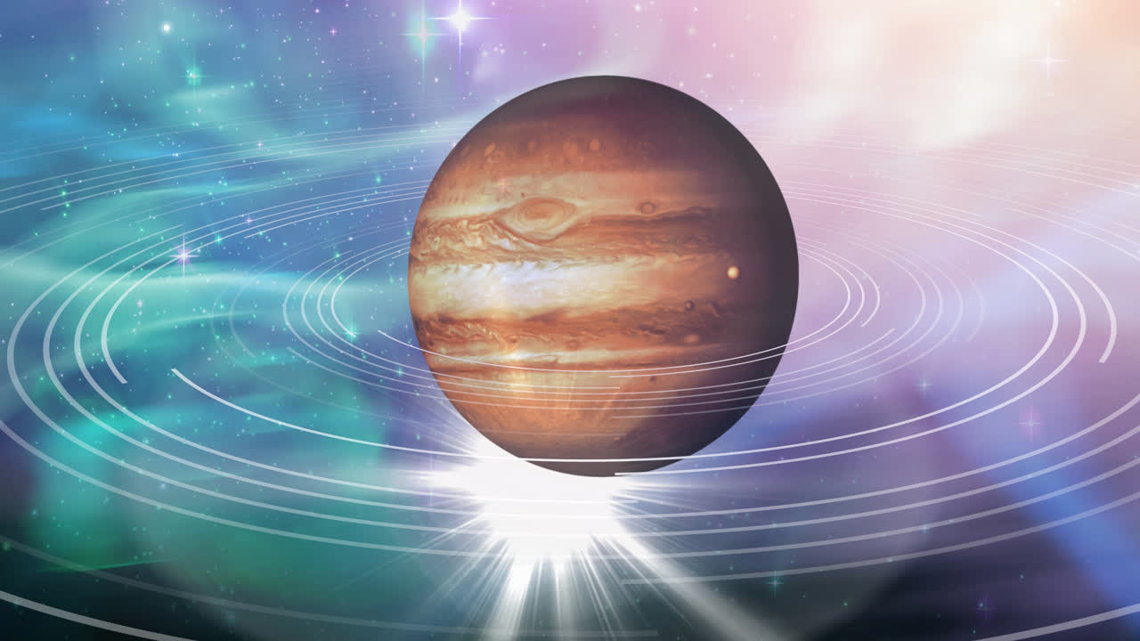 animación del planeta marrón en el espacio verde humeante y violeta