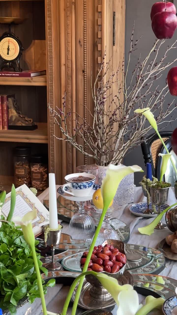 Antique store hanging apple Nowruz New Year Persian boutique decoration architecture artistic colorful celebration culture Haftsin hyacinth samanu sumac nuts fruit table Tehran traditional scenic view