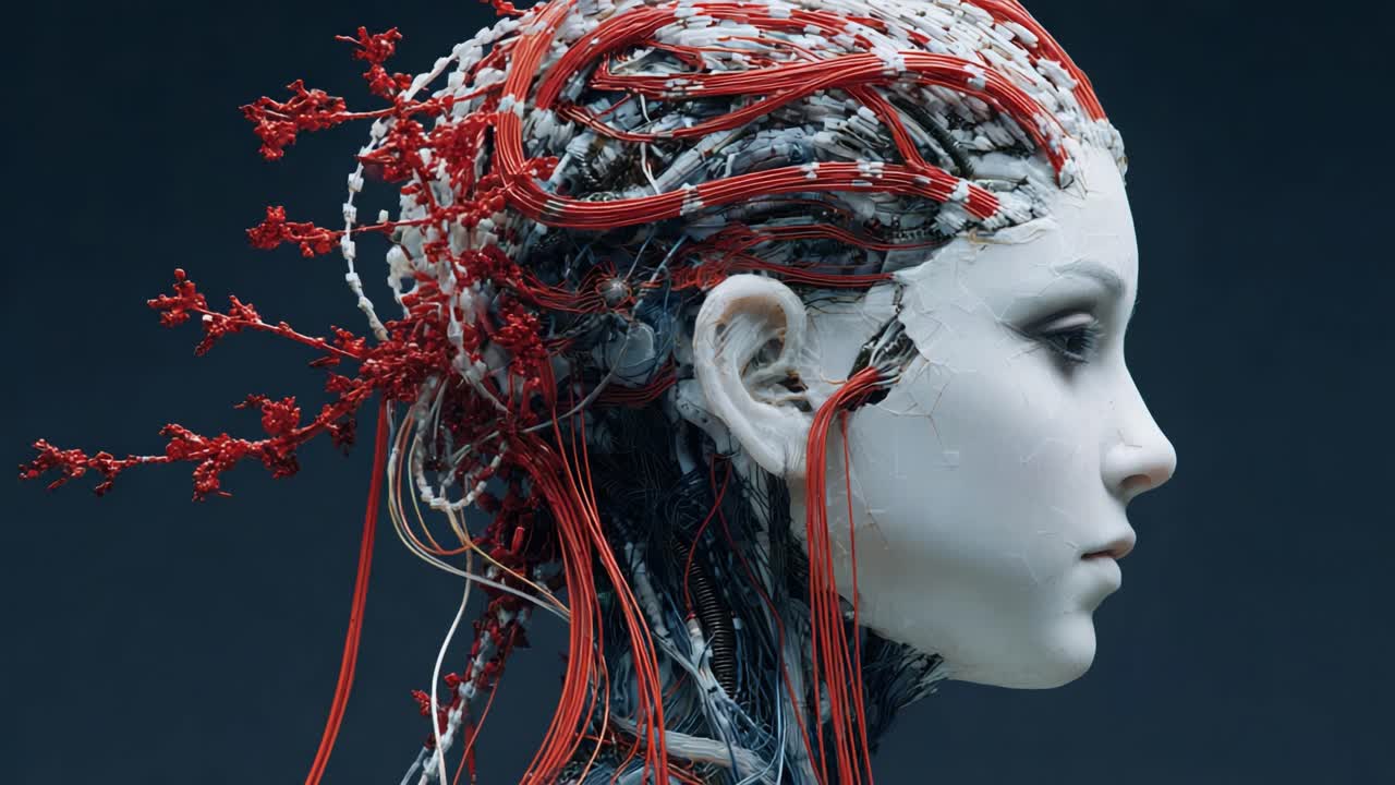 A Fascinating Glimpse Into a Futuristic Android Female Head Design with Complex Wiring and Intricate Floral Accents That Challenge Humanity's Boundaries and Technology's Future