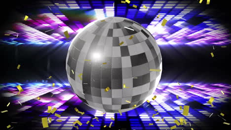 animación de confeti dorado cayendo sobre la bola de espejo y luces de discoteca púrpura y azul.