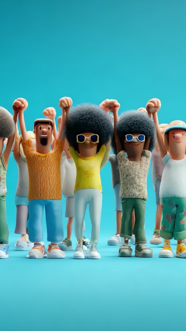 A Colorful Group of Animated Characters Celebrating with Raised Fists Against a Bright Turquoise Background, Showcasing Unity and Joy in a Playful Environment