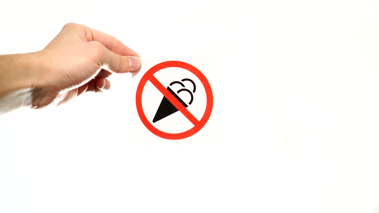 Hand showing warning sign "No ice cream" isolated on white