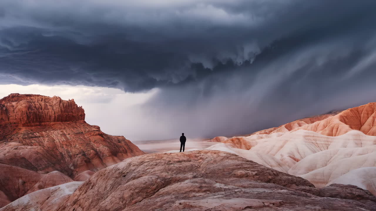 Man stands on a desert ridge as a thunderstorm approaches