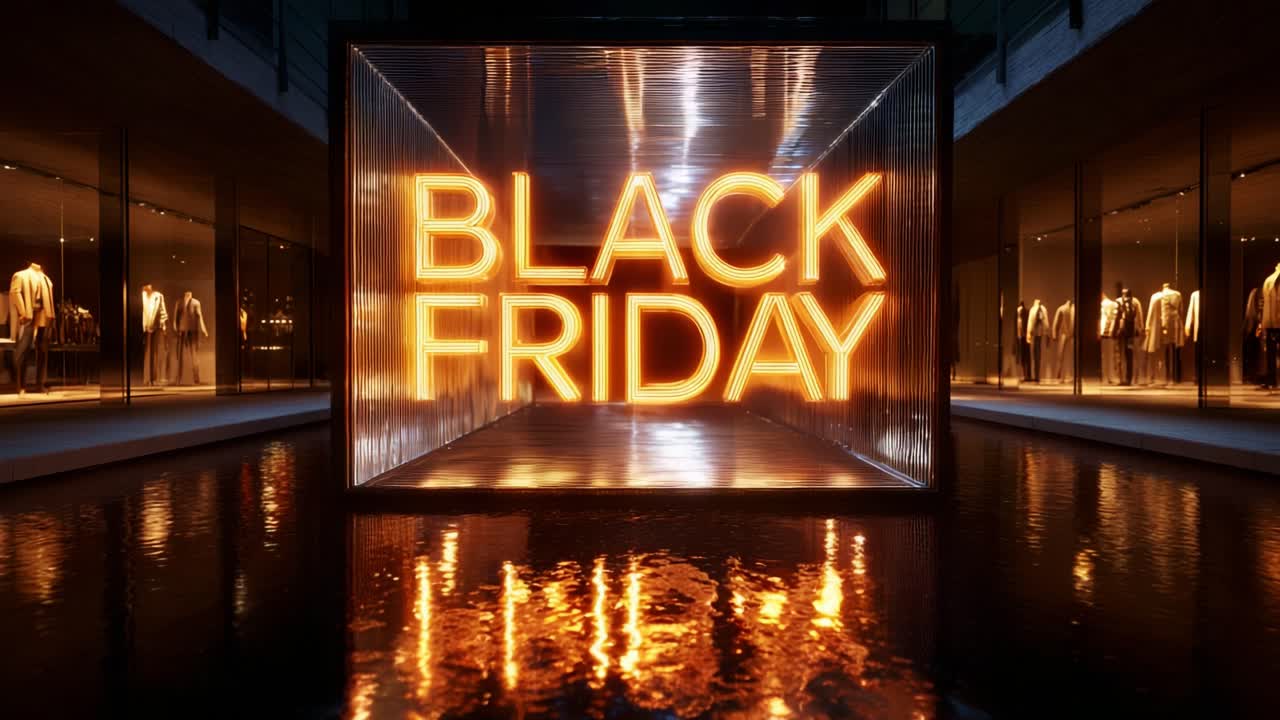 Illuminated Black Friday Promotions in a Modern Retail Environment Featuring Reflective Surfaces and Stylish Outfits on Display, Capturing the Excitement of Seasonal Shopping Events