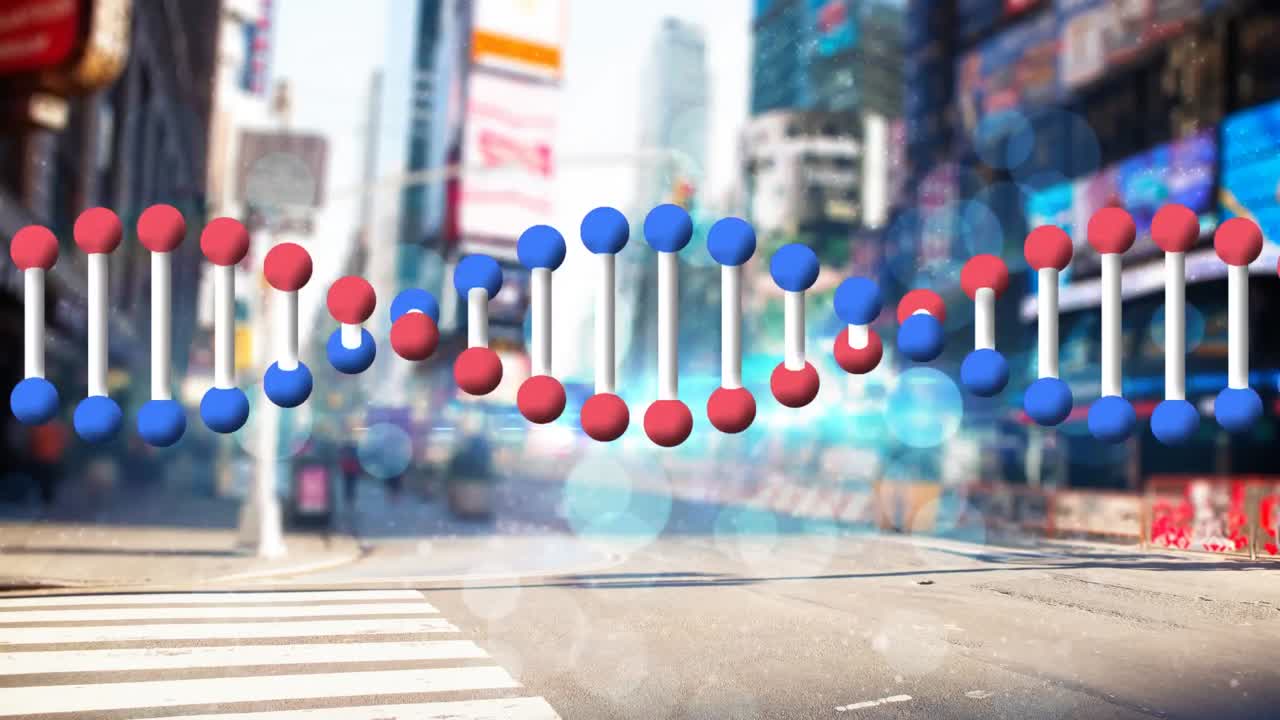 도시 풍경과 반 ⁇ 이는 불빛 위에서 회전하는 dna 가닥의 애니메이션