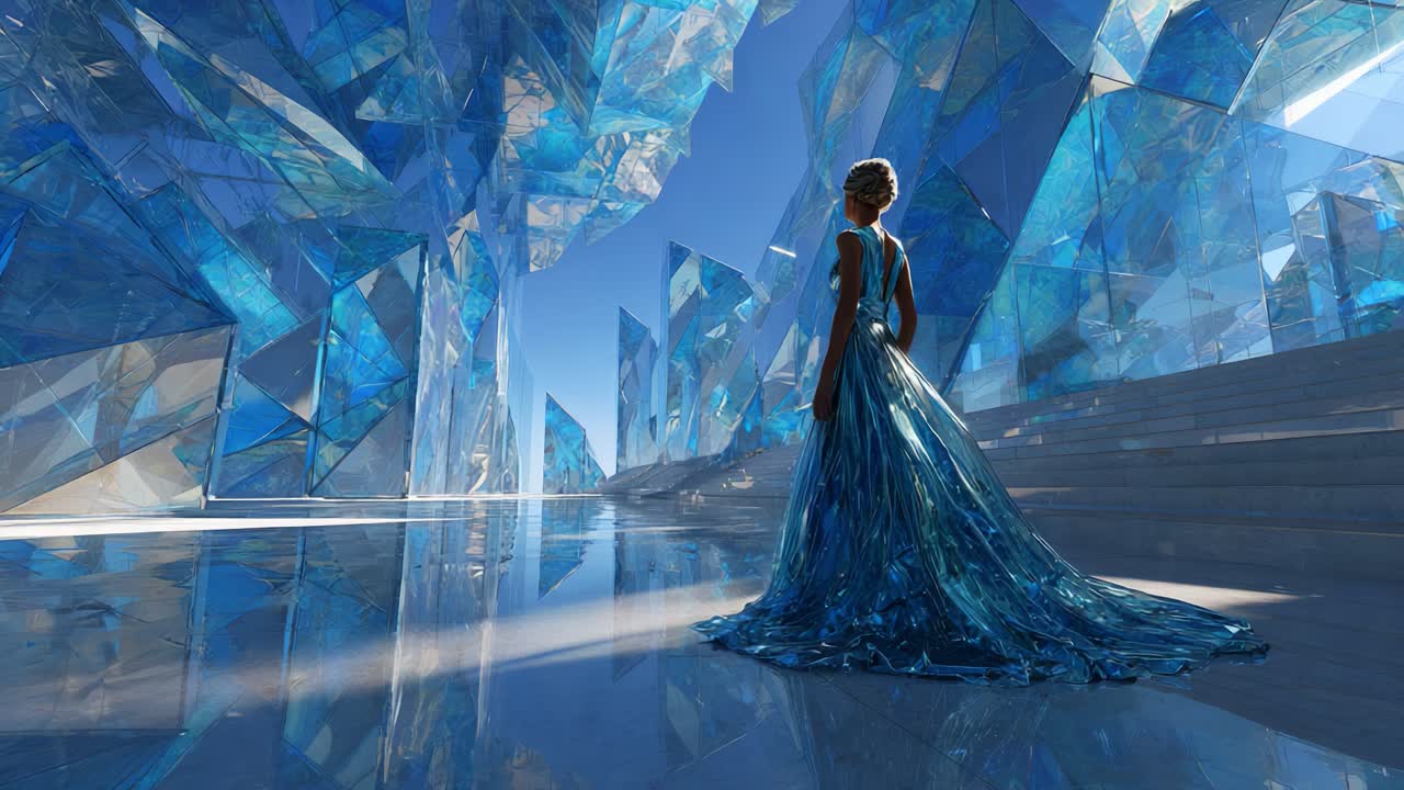 A Stunning Scene of a Woman in a Flowing Blue Dress, Surrounded by Glittering Crystalline Structures and a Serene Blue Sky, Capturing a Magical and Enchanting Atmosphere