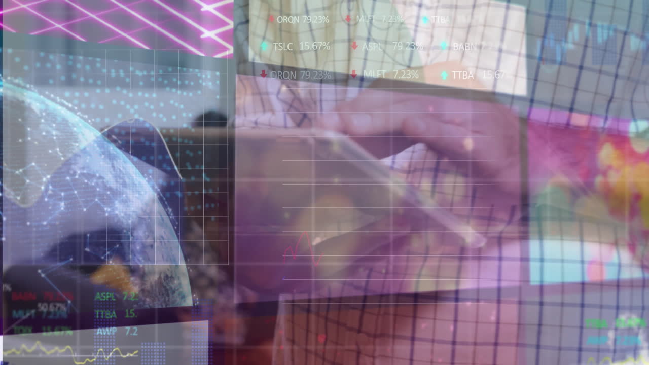 Man tapping tablet in business office, showing virtual globe charts data floating around background