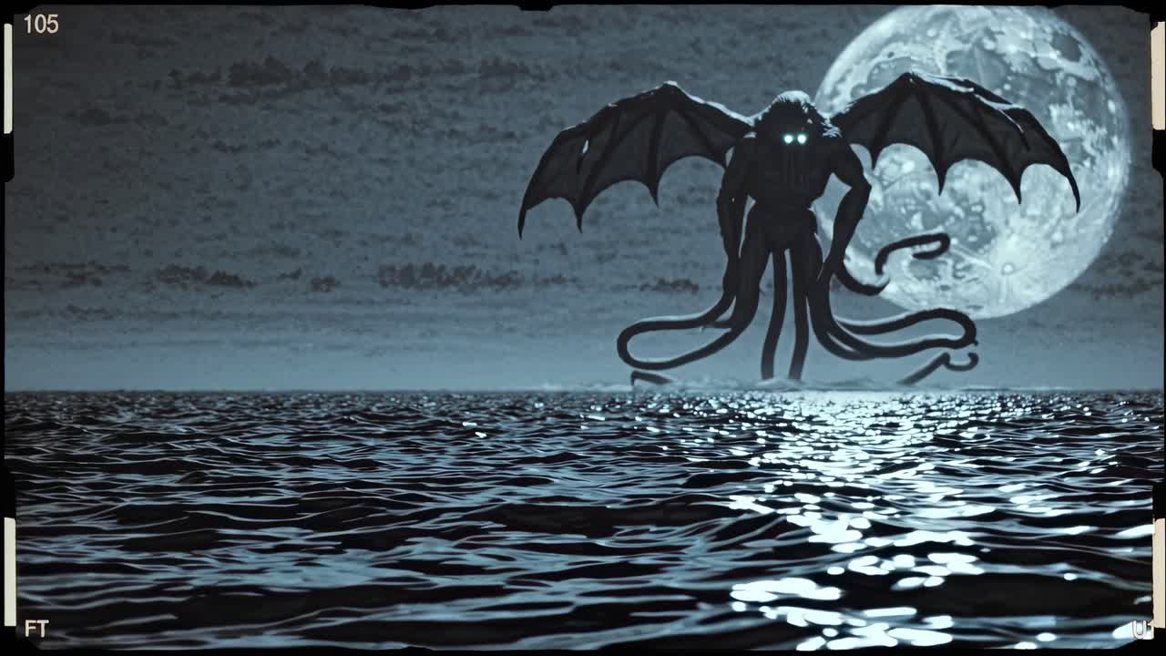 un enorme monstruo marino alado emerge de las profundidades oscuras del océano, proyectando una silueta ominosa bajo la inquietante luz de la luna, encarnando el horror cósmico primordial y el temor sobrenatural.