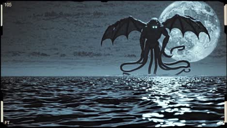 massive winged sea monster emerging from dark oceanic depths, casting ominous silhouette beneath haunting moonlight, embodying primordial cosmic horror and supernatural dread