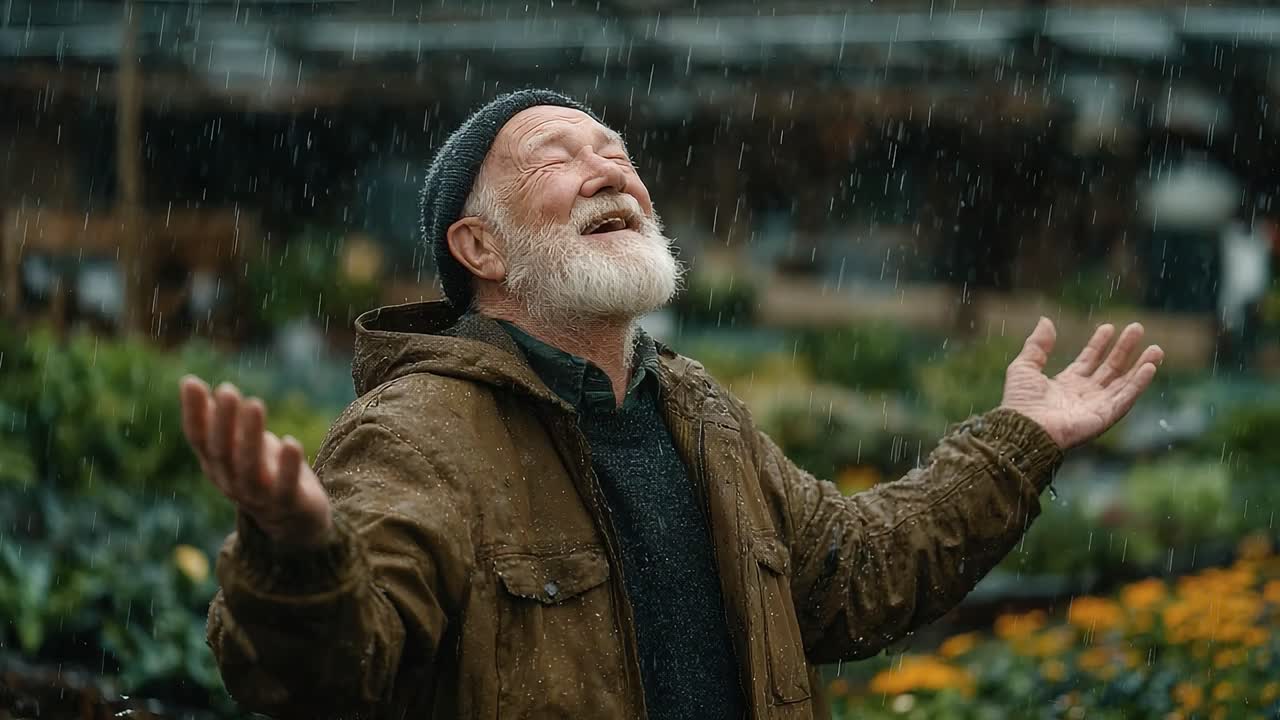 Omfavn regnen: En ældre mand finder glæde og fred i regnvejret omgivet af frodigt grønt og blomstrende blomster