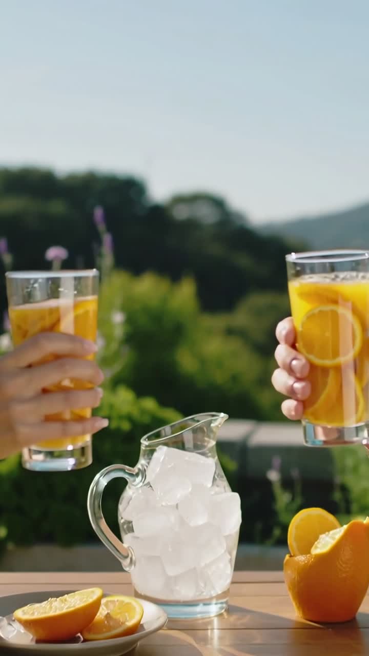 Video verticale: Coppia che si appoggia, alzando bicchieri con fette d'arancia, brindando, per la promozione marketing.