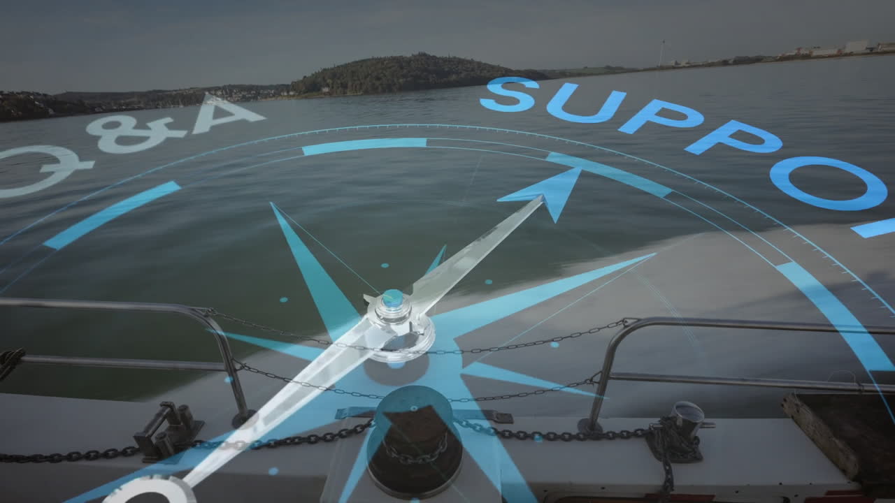 Compass animation with SUPPORT text over boat on calm water