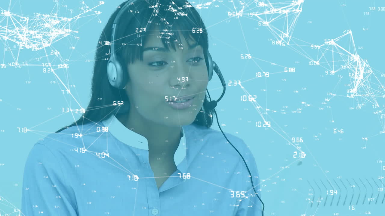 Call center agent with headset, network connections and data processing animation