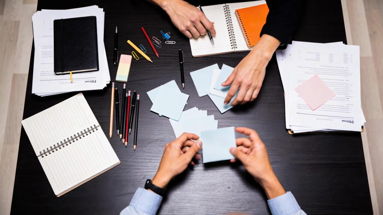 Touching blue sticky notes, pair wearing black, light-blue long sleeves sorting at desk planning