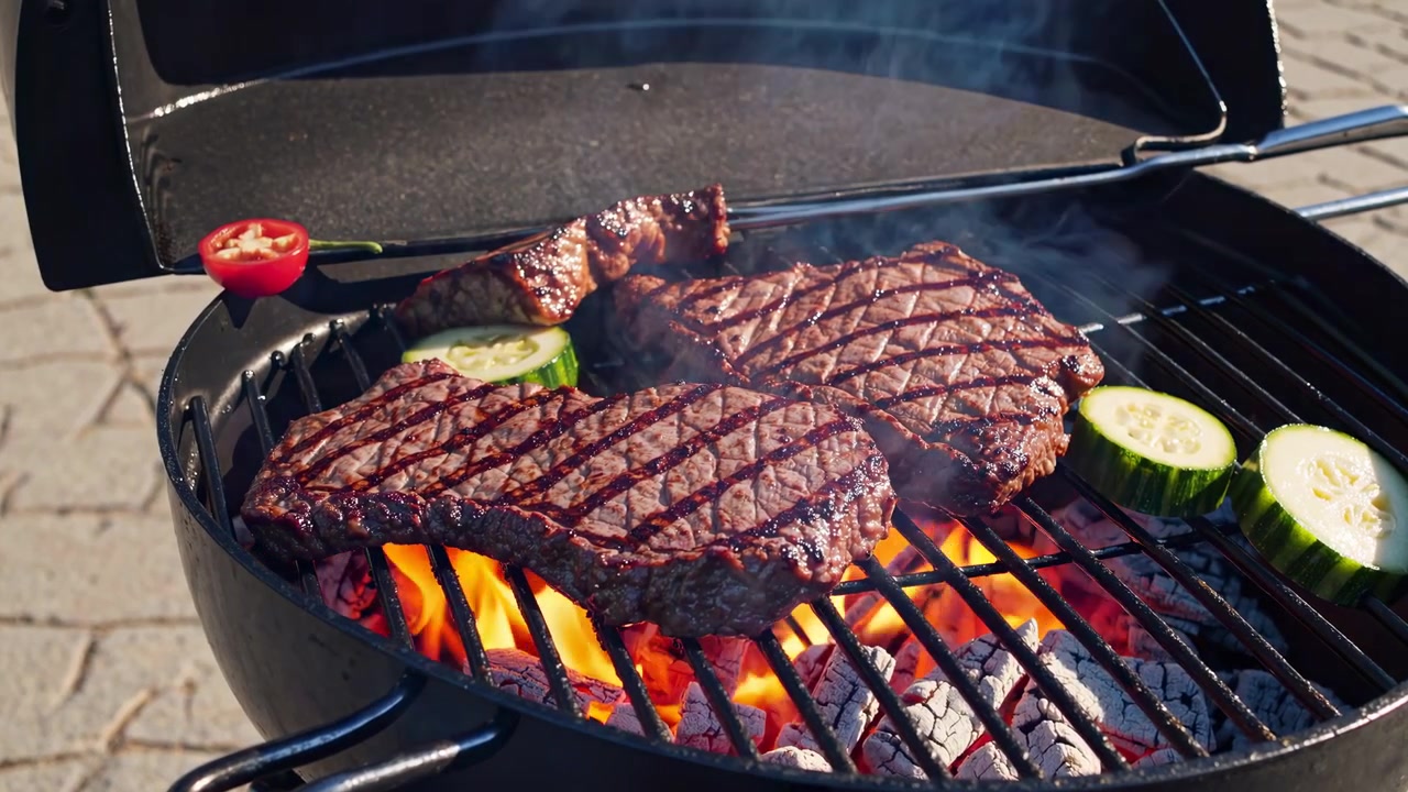 Bistecche succose e verdure fresche che grigliano su un barbecue all'aperto