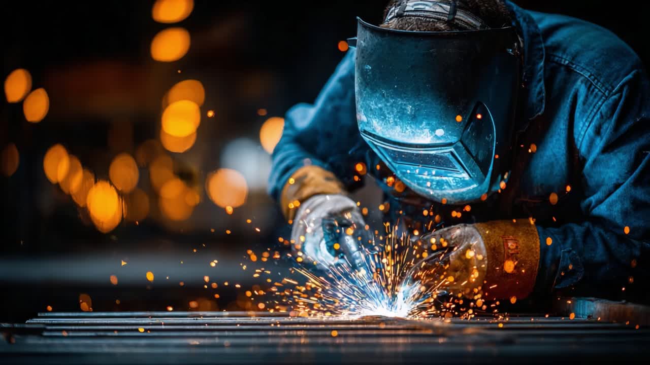 A Dedicated Welder in Action, Crafting Metal with Precision and Expertise, Surrounded by the Glamorous Glow of Sparks and the Intensity of Their Craft