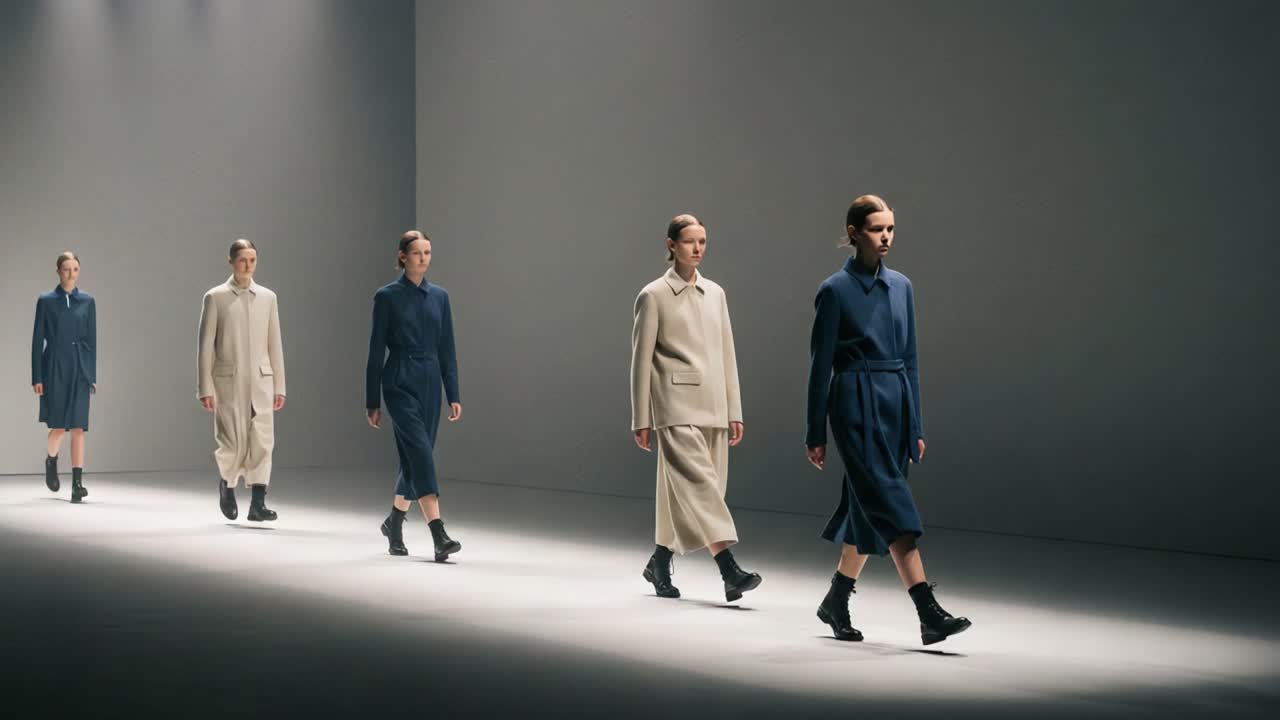 A Modern Fashion Runway Show Featuring Minimalist Designs in Monochrome Color Palettes, Highlighting Innovative Textures and Contemporary Styles
