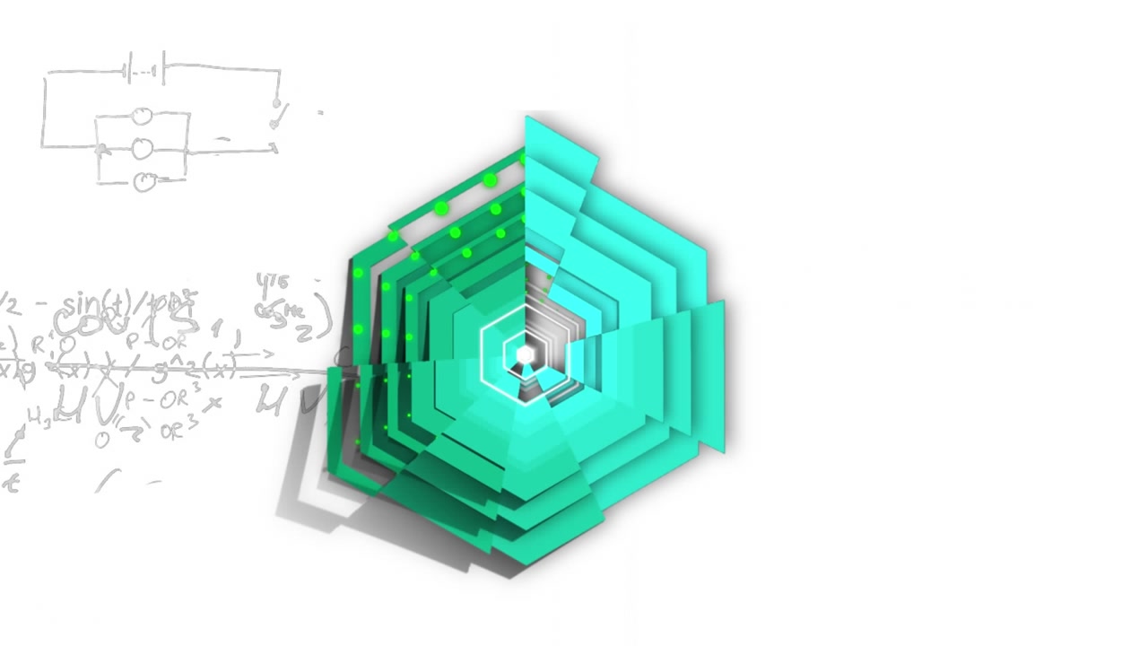 Animation of green shapes over mathematical equations on white background