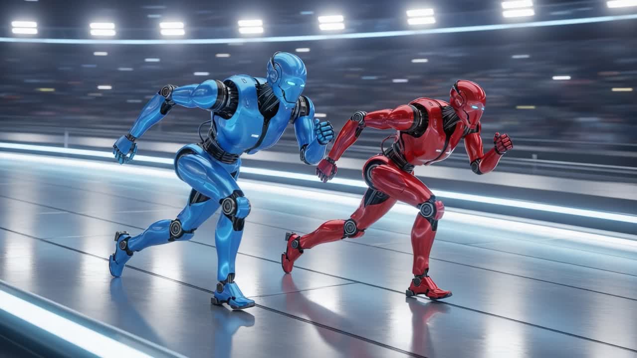 Dynamic Race Between Futuristic Robots: Blue and Red Competitors Sprinting in a High-Tech Arena, Showcasing Speed, Agility, and Cutting-Edge Technology