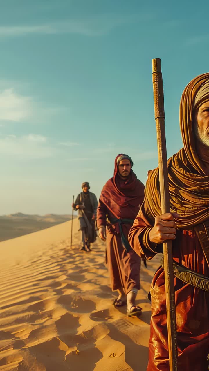 Vertical video: Pullback revealing three men walking dune crest with staffs and robes crossing sand