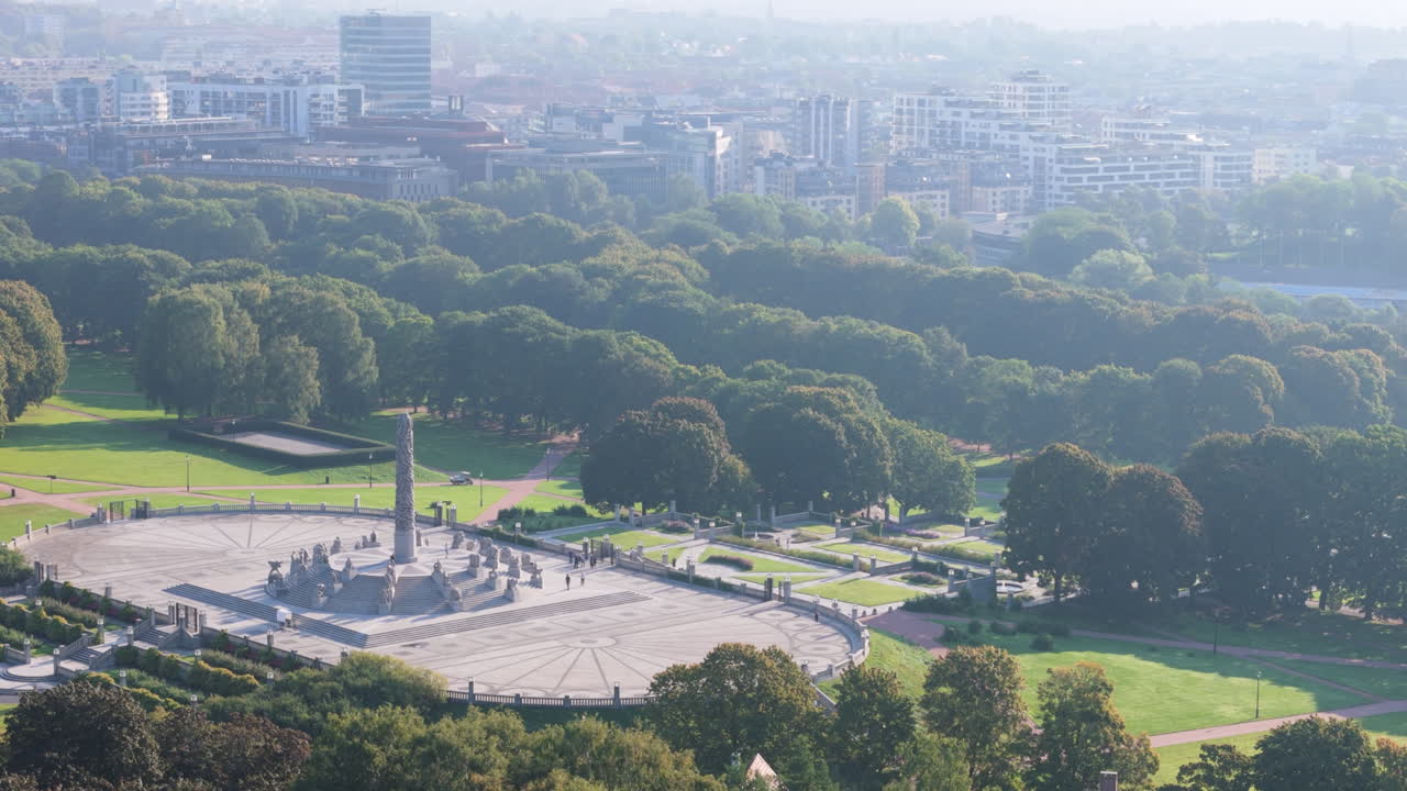 A hazy summers day aerial view of the Monolith in Vigeland Park, Oslo