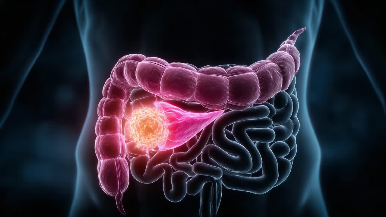 Anatomical Visualization of the Human Gastrointestinal System Highlighting Cancerous Cells in the Pancreas and Surrounding Organs for Educational Purposes