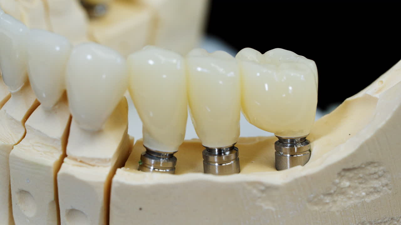 Macro close up of dental implants with ceramic crowns mounted on jaw model. Modern dentistry, prosthodontics and implant restoration concept