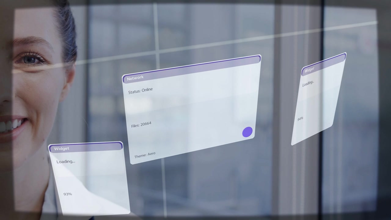Woman smiling at camera, UI panels starting beside her, floating and updating % for UX teams