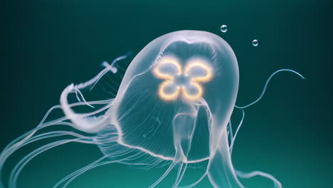 ethereal translucent jellyfish with glowing core in deep teal water