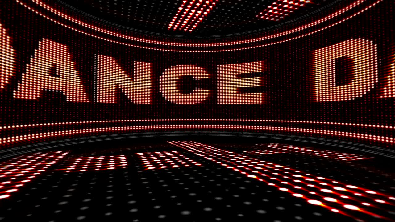 Animazione testo DANCE su monitor e sala da discoteca, rendering, in loop