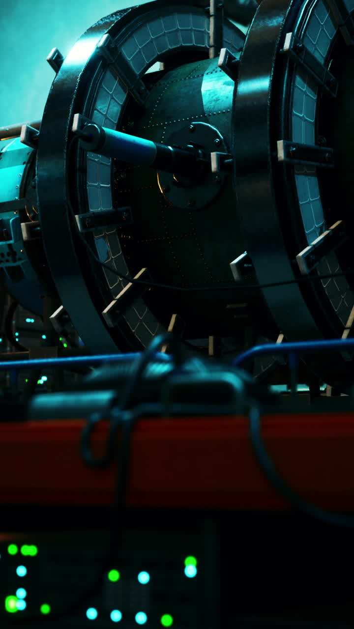 un primer plano de una gran pieza futurista de maquinaria en un laboratorio